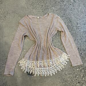 Eyeshadow Women’s large Sweater Pink Cream Knit Sweater Lace Hem Beige y2k style